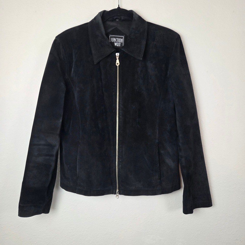 Junction West Women Black Suede Leather Jacket‎ Full Zip Minimalist Size L